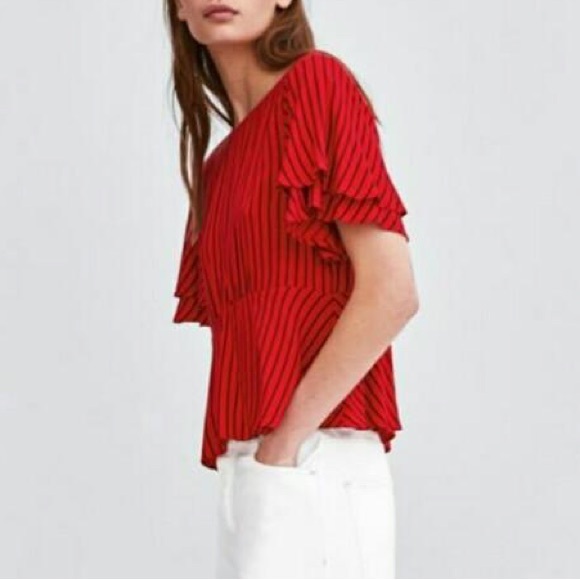 Zara Red and Black Striped Peplum Top with Flutter Sleeves Size Small - Picture 6 of 6